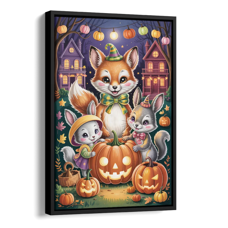 Adorable Animal TrickorTreat Cute Halloween Side - Black Canvas Wall Art