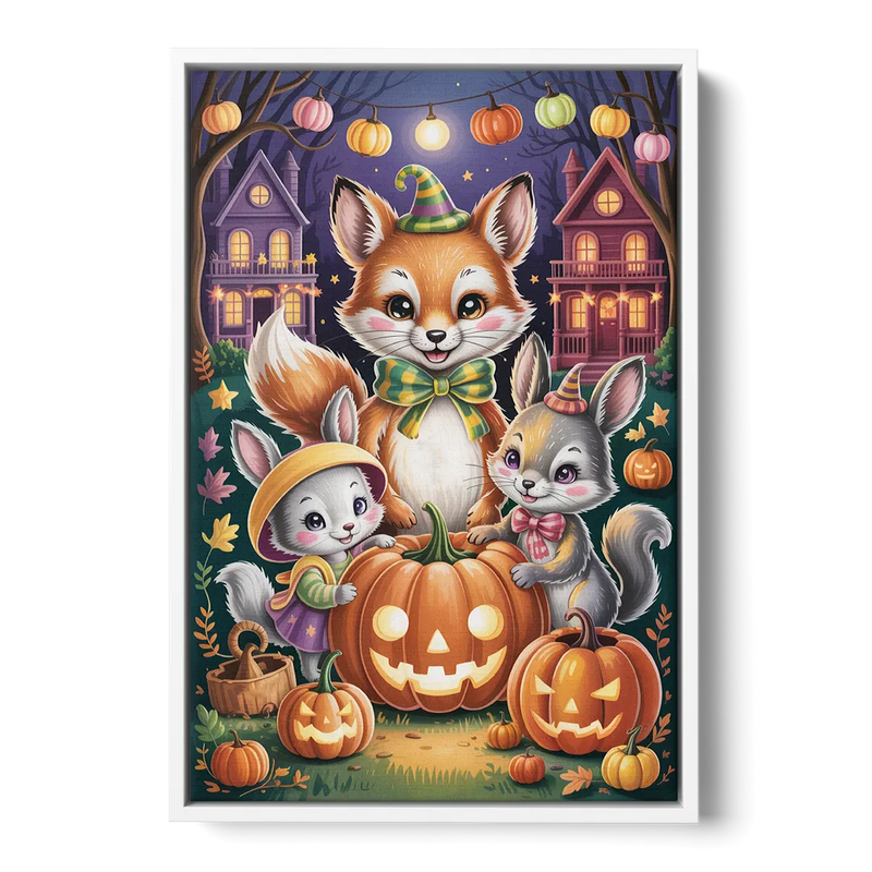 Adorable Animal TrickorTreat Cute Halloween Front - White Canvas Wall Art