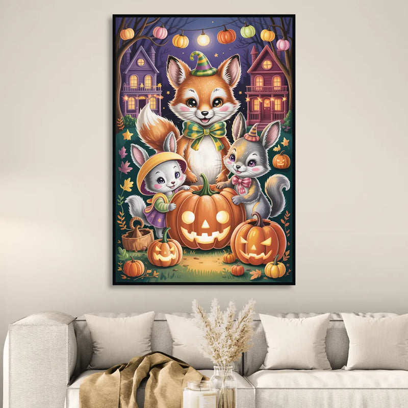 Adorable Animal TrickorTreat Cute Halloween Sitting Room - Black Canvas Wall Art
