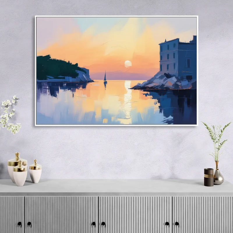 Adriatic Sunset Sitting Room - White Canvas Wall Art