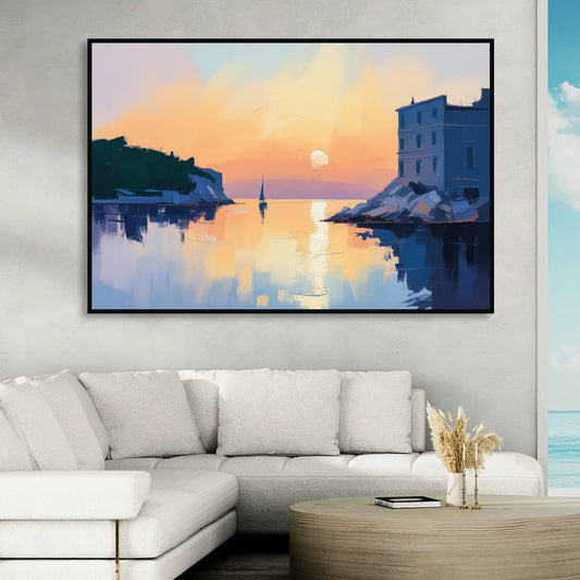Adriatic Sunset Living Room - Black Canvas Wall Art