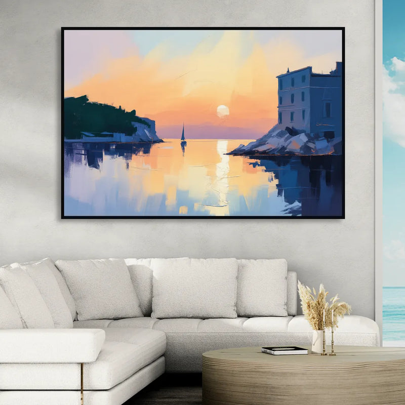 Adriatic Sunset Living Room - Black Canvas Wall Art