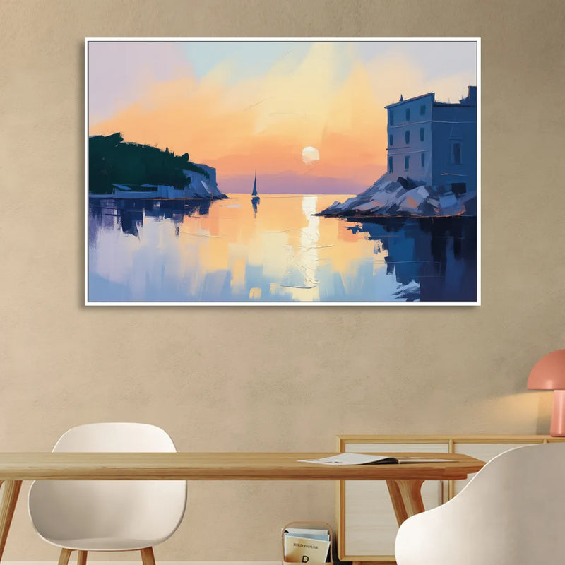 Adriatic Sunset Living Room - White Canvas Wall Art