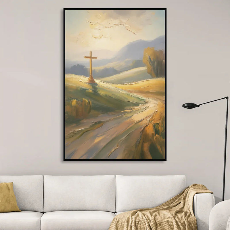 Aesthetic Christian Serene Hillscape Sitting Room - Black Canvas Wall Art