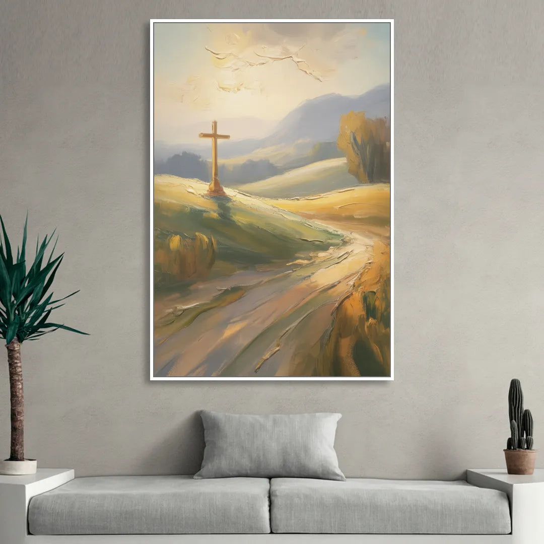 Aesthetic Christian Serene Hillscape Sitting Room - White Canvas Wall Art