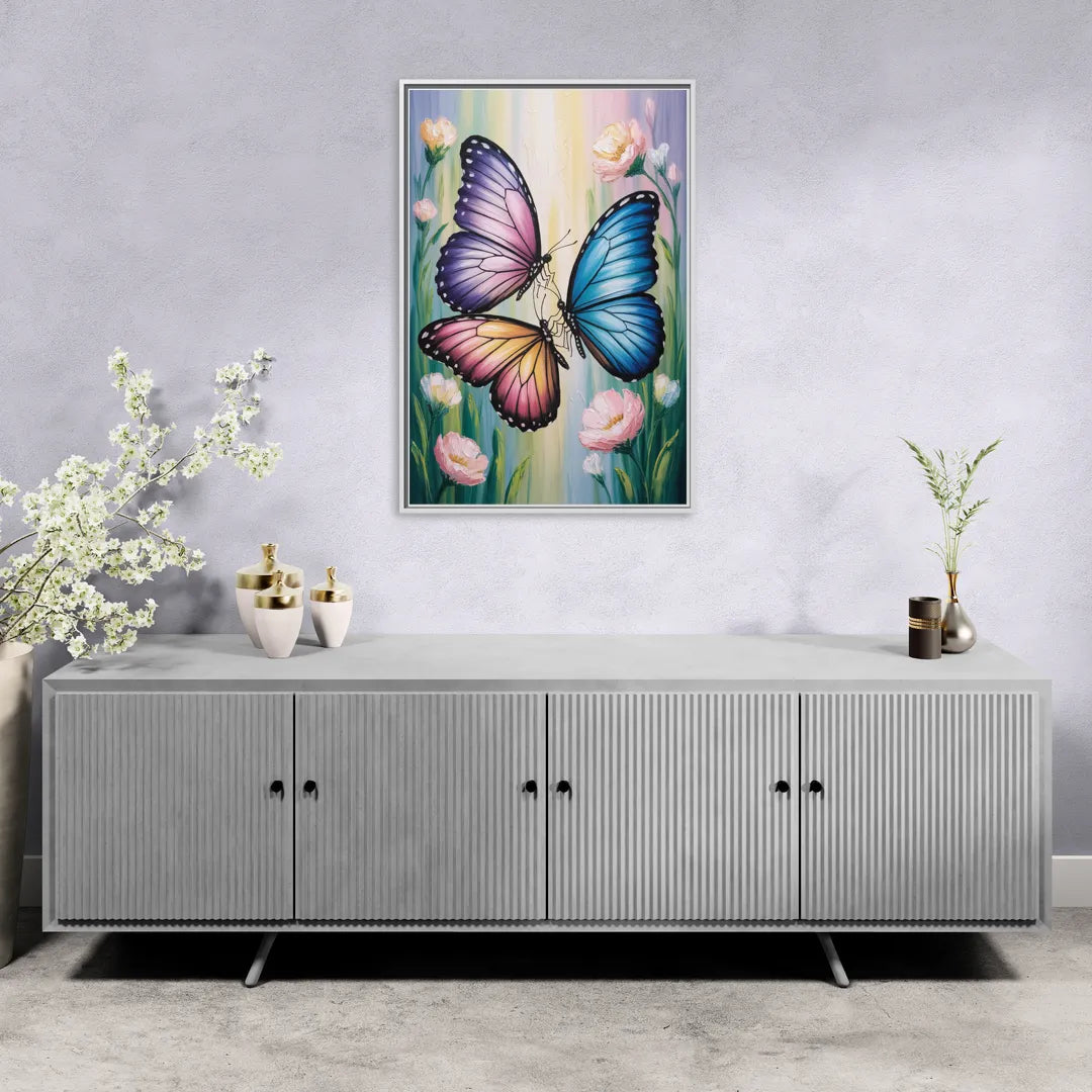 Affectionate Butterfly Kiss - Living Room White Frame Canvas