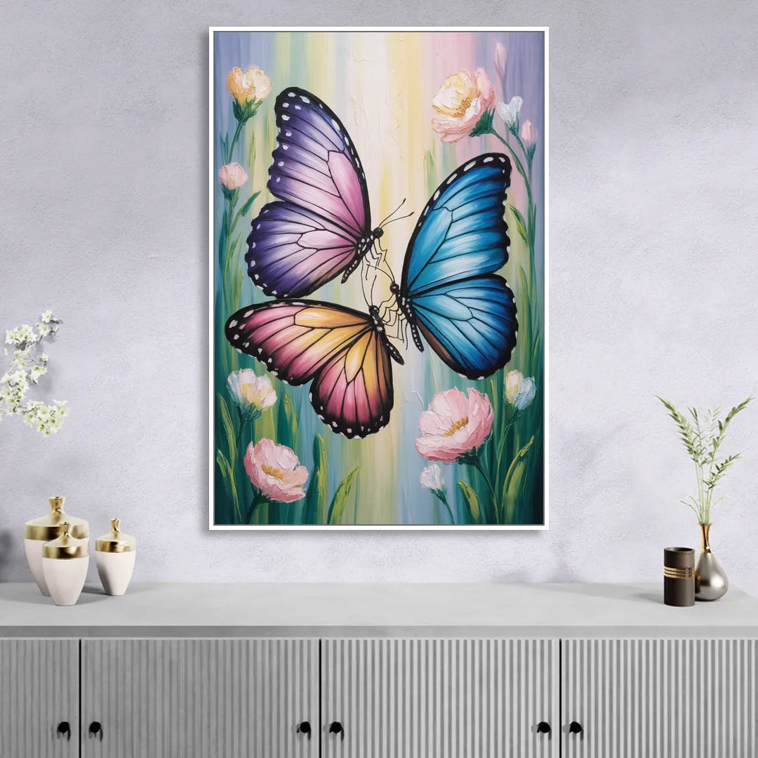 Affectionate Butterfly Kiss Living Room - White Canvas Wall Art