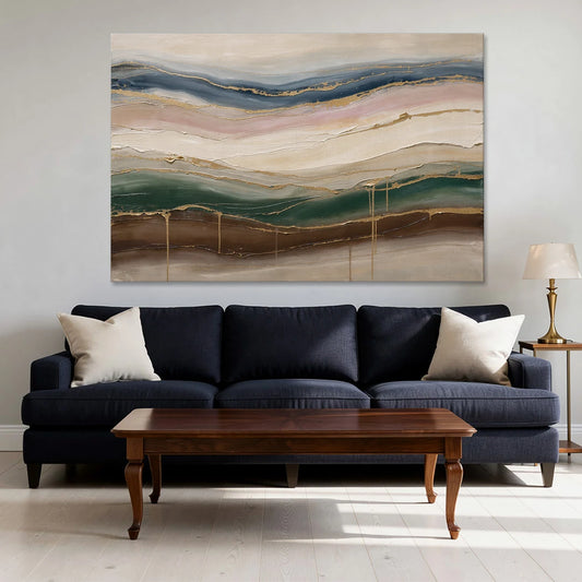 Agate Bands in Forest Green and Gold - Canvas Wall Art - Sofa - 60x40