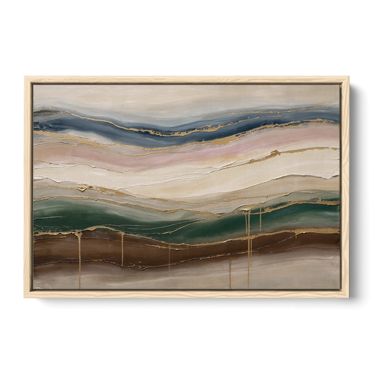 Agate Bands in Forest Green and Gold - Oak Framed Canvas Wall Art - Front