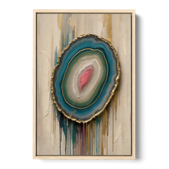 Agate Slice with Gold Rim and Teal Drips - Oak Framed Canvas Wall Art - Front