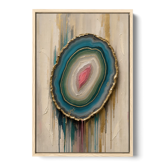 Agate Slice with Gold Rim and Teal Drips - Oak Framed Canvas Wall Art - Front