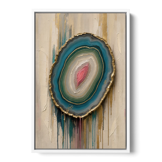 Agate Slice with Gold Rim and Teal Drips - White Framed Canvas Wall Art - Front