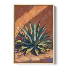 Agave Painting Against a Sunlit Adobe Wall - Oak Framed Canvas Wall Art - Front
