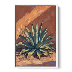 Agave Painting Against a Sunlit Adobe Wall - White Framed Canvas Wall Art - Front
