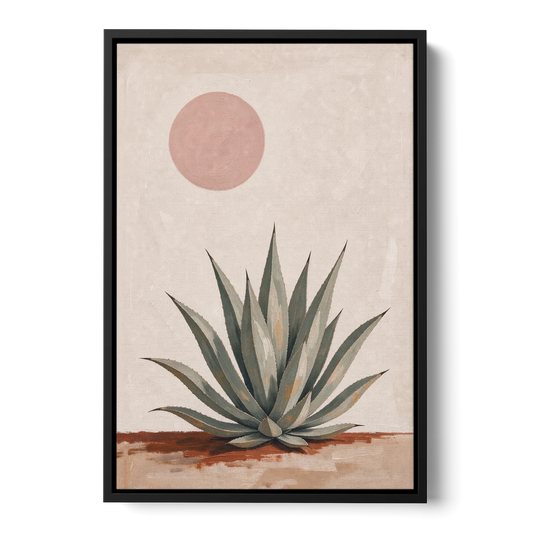 Agave Rosette Under a Blush Pink Sun - Black Framed Canvas Wall Art - Front