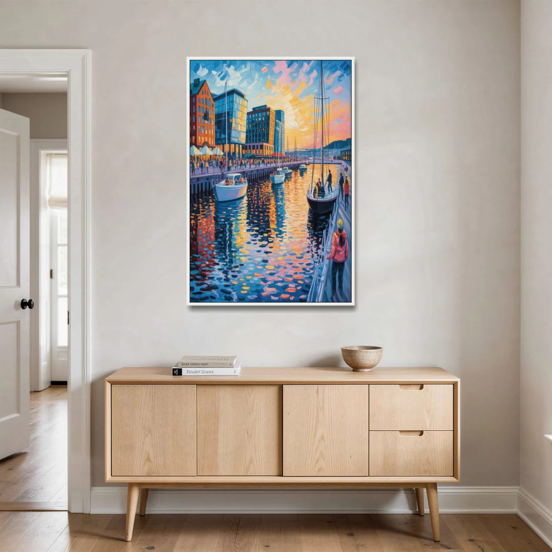Aker Brygge Vibes - White Framed Canvas Wall Art - Coffee Table - 32x48