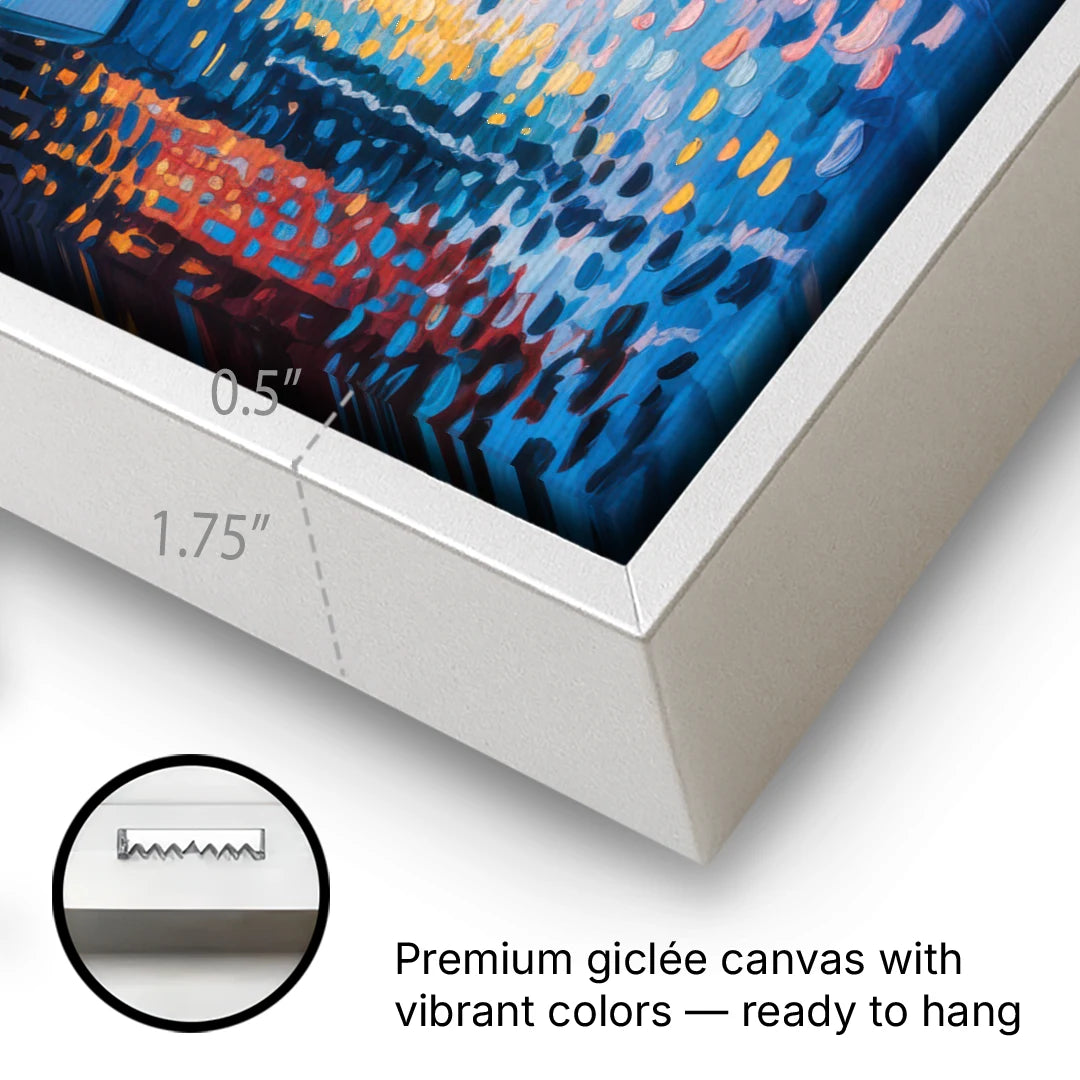 Aker Brygge Vibes - White Framed Canvas Wall Art - Gallery Wrap Corner