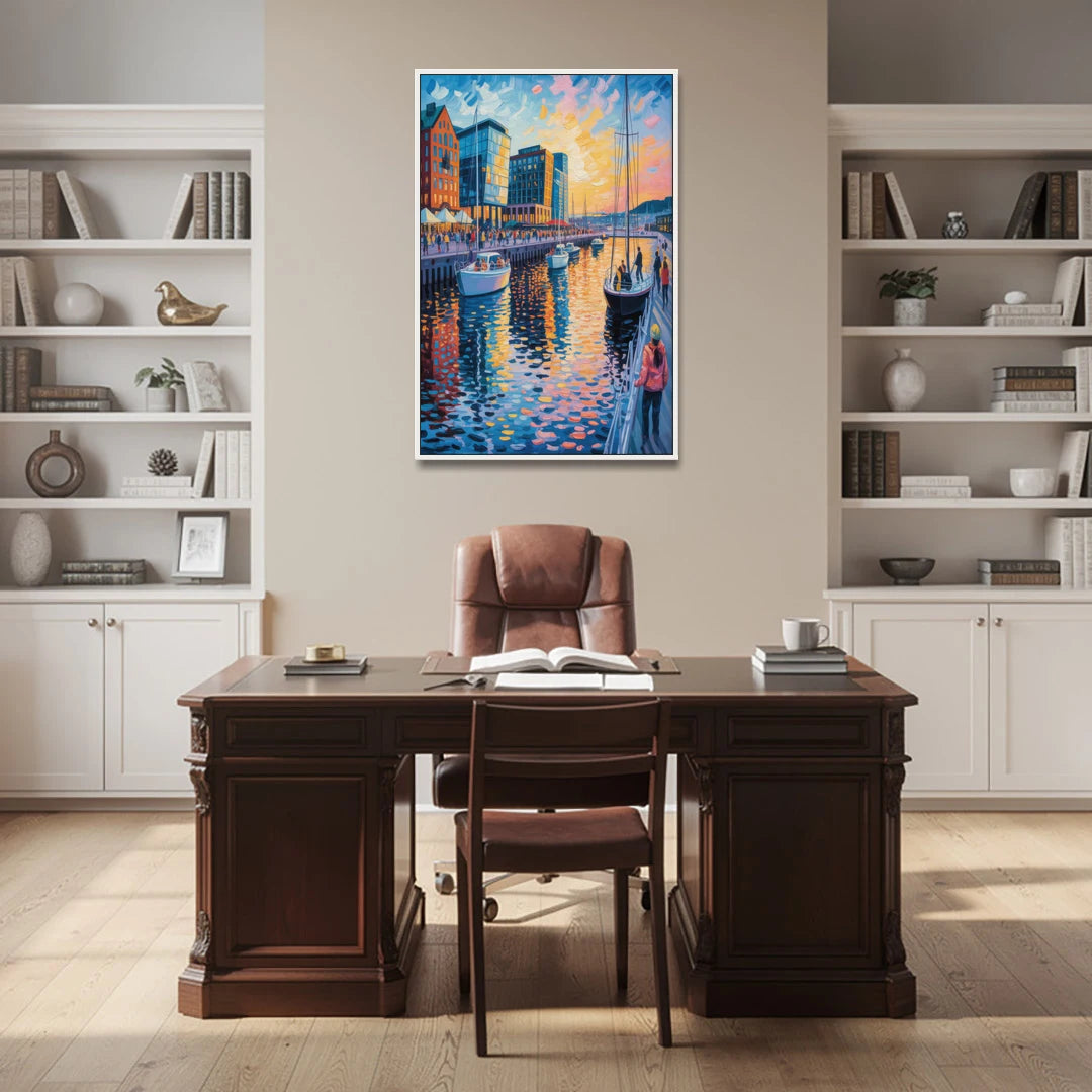 Aker Brygge Vibes - White Framed Canvas Wall Art - Office - 32x48