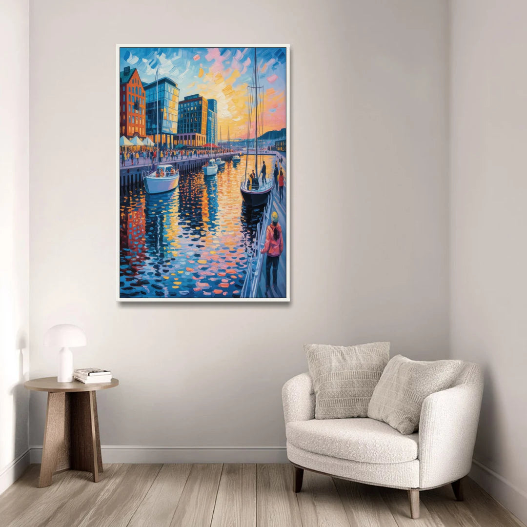 Aker Brygge Vibes - White Framed Canvas Wall Art - Sofa - 32x48