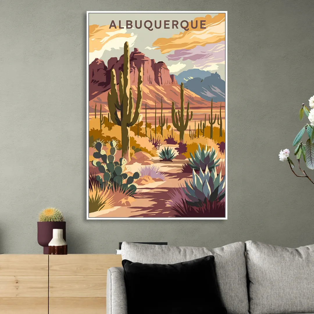 Albuquerque Desert Landscape Sitting Room - White Canvas Wall Art