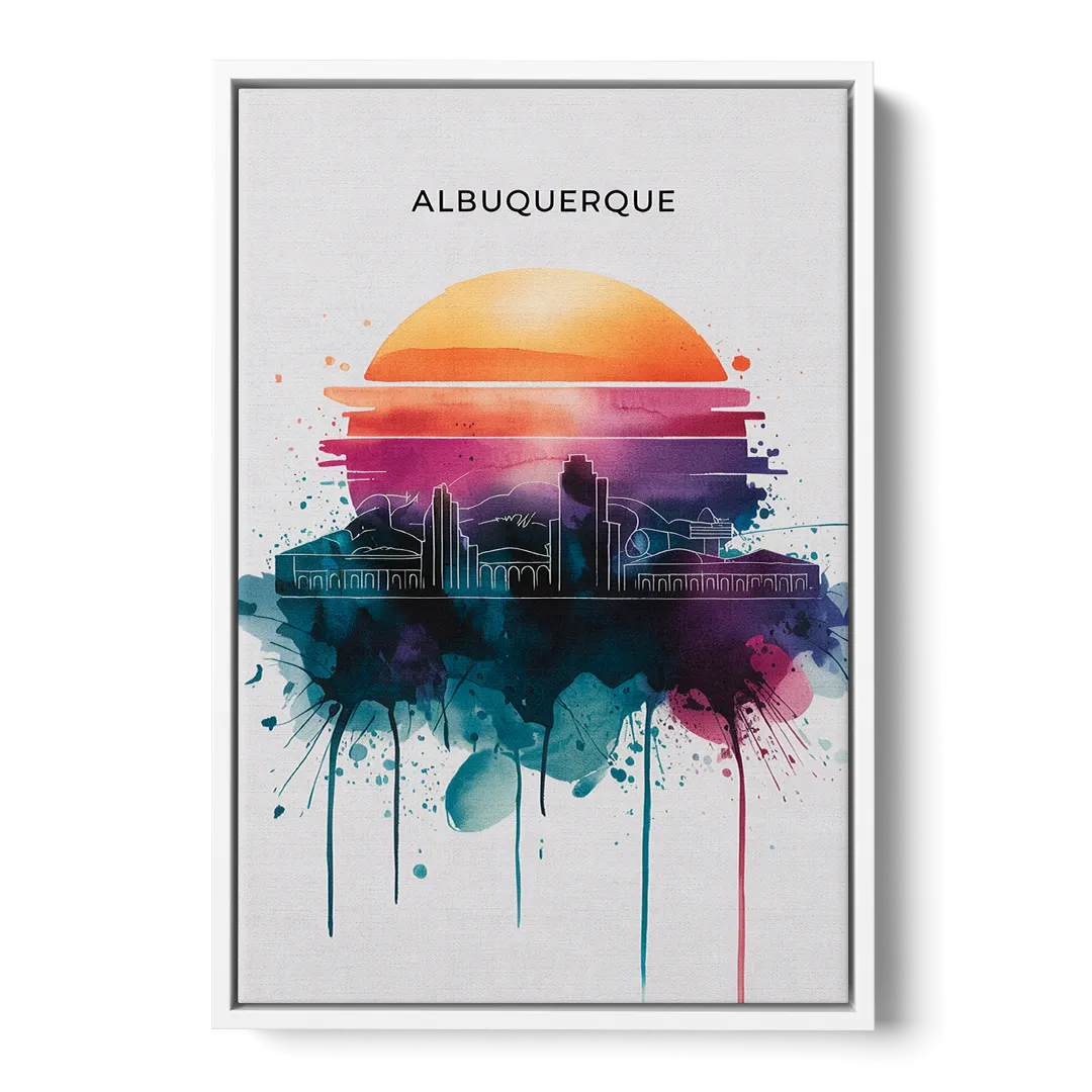 Albuquerque Skyline Sunset Front - White Canvas Wall Art