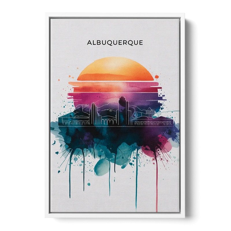 Albuquerque Skyline Sunset Front - White Canvas Wall Art
