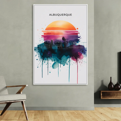 Albuquerque Skyline Sunset Living Room - White Canvas Wall Art