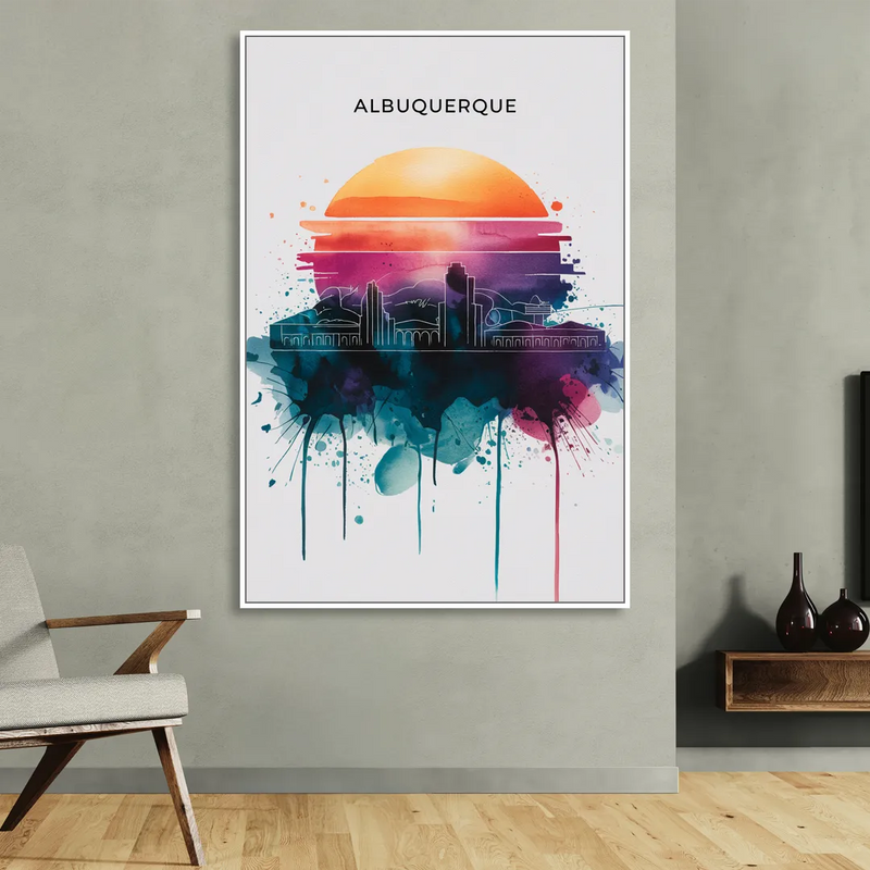 Albuquerque Skyline Sunset Living Room - White Canvas Wall Art