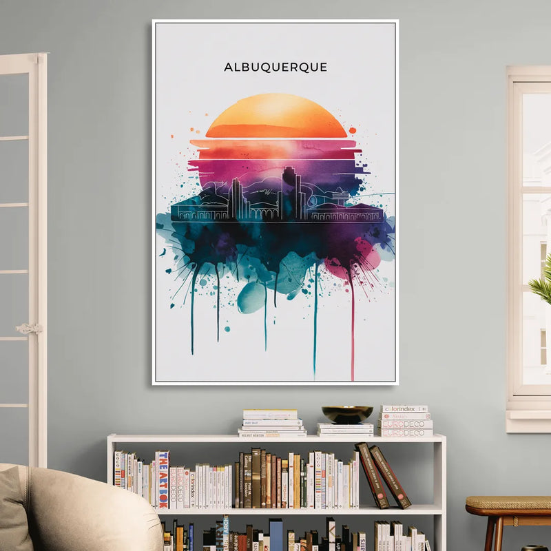 Albuquerque Skyline Sunset Sitting Room - White Canvas Wall Art