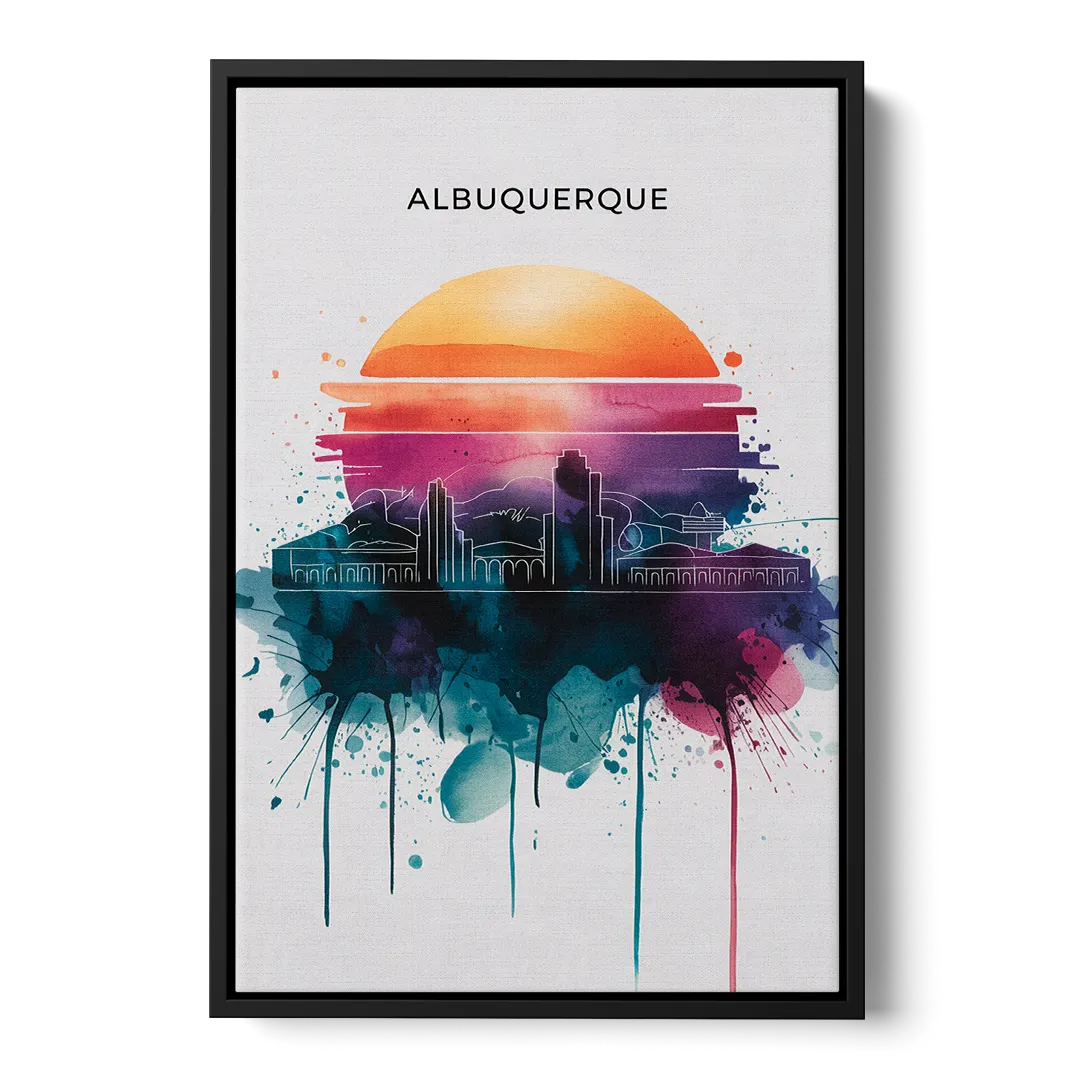 Albuquerque Skyline Sunset Front - Black Canvas Wall Art
