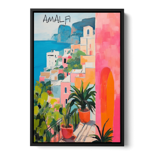 Amalfi Art with a Pink Arch - Black Framed Canvas Wall Art - Front