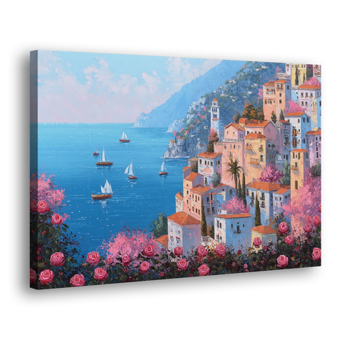 Amalfi Coast Painting with Sailboats - Canvas Wall Art - Side