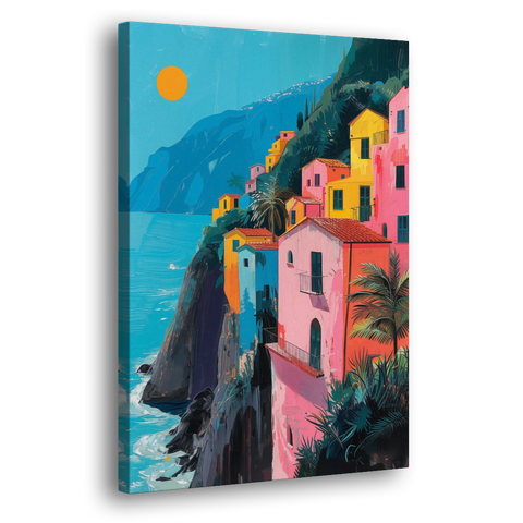Amalfi Painting of Pink Cliff Houses - Canvas Wall Art - Side