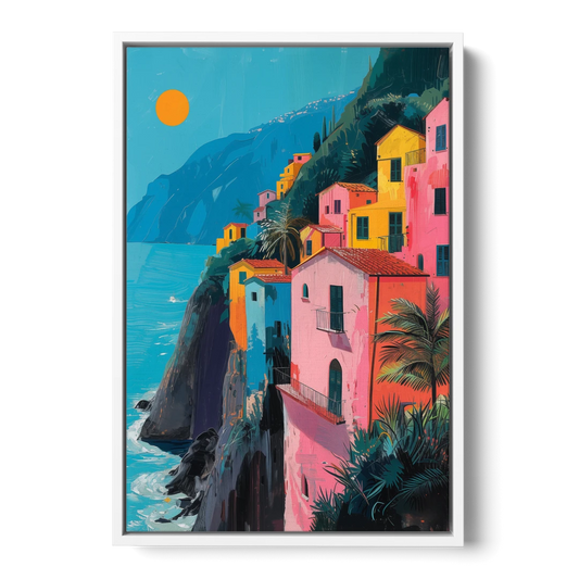 Amalfi Painting of Pink Cliff Houses - White Framed Canvas Wall Art - Front
