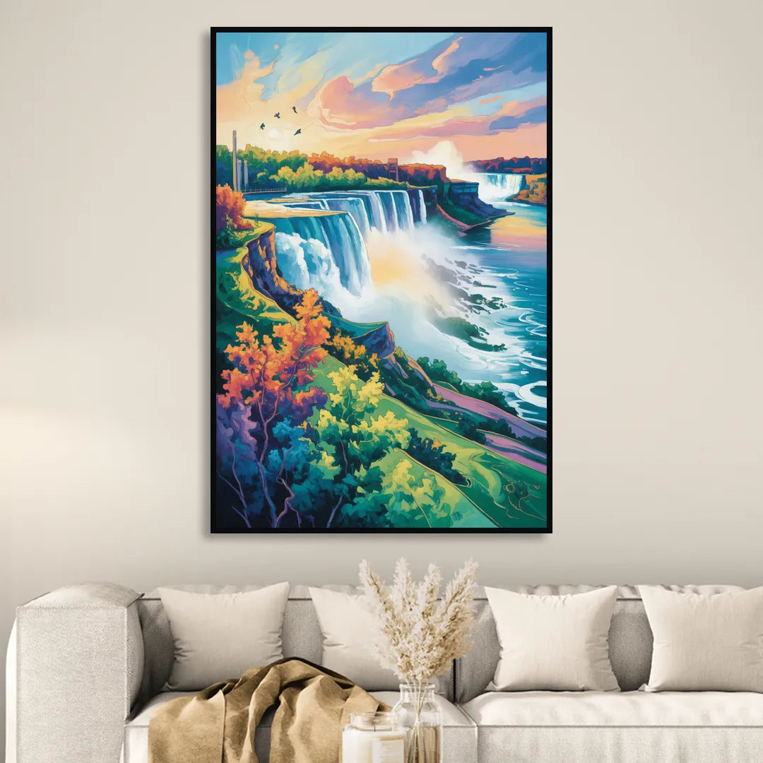 American and Canadian Falls View Living Room - Black Canvas Wall Art