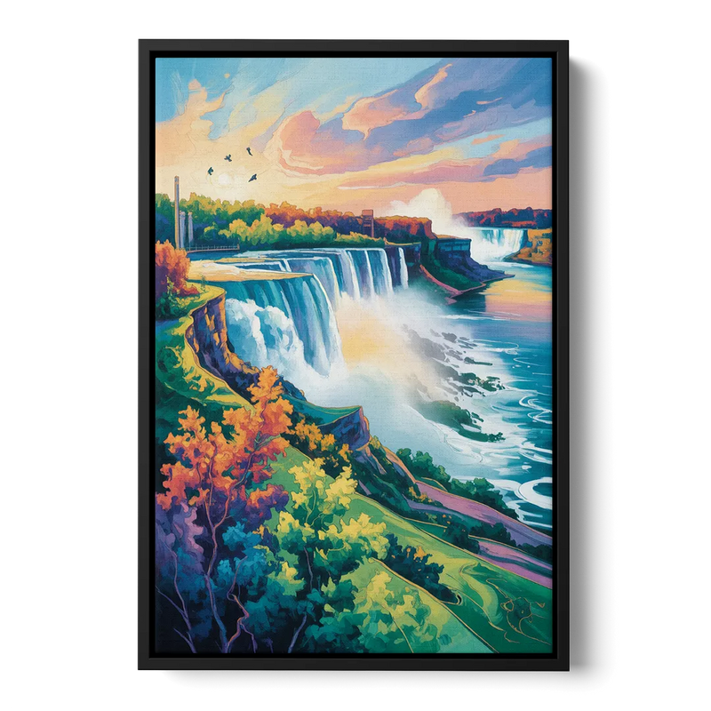 American and Canadian Falls View Front - Black Canvas Wall Art