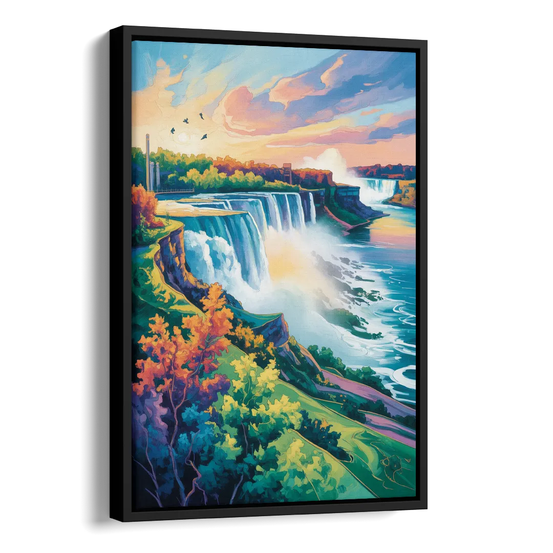 American and Canadian Falls View Side - Black Canvas Wall Art