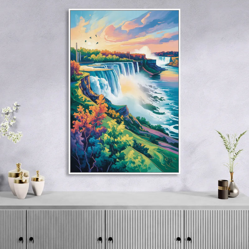 American and Canadian Falls View Living Room - White Canvas Wall Art