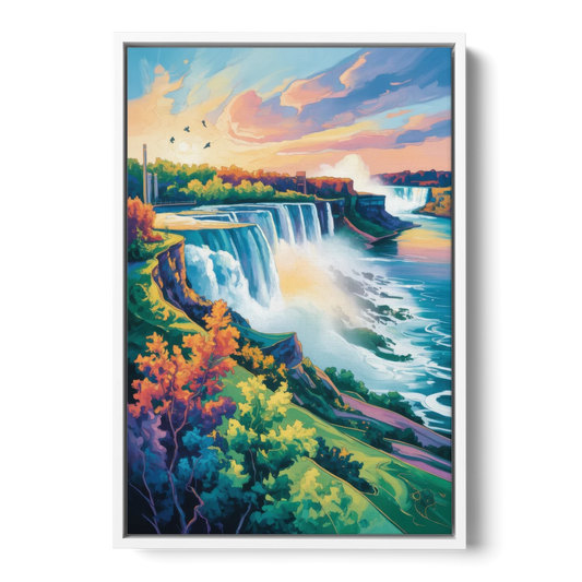 American and Canadian Falls View - White Framed Canvas Wall Art - Front