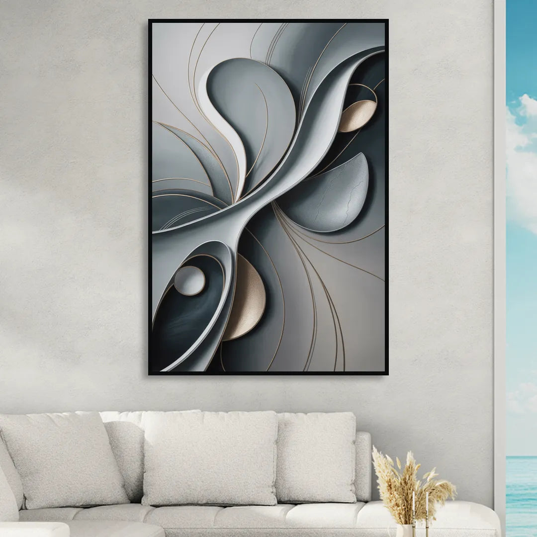 Amorphous Curves in Grey Abstract Living Room - Black Canvas Wall Art