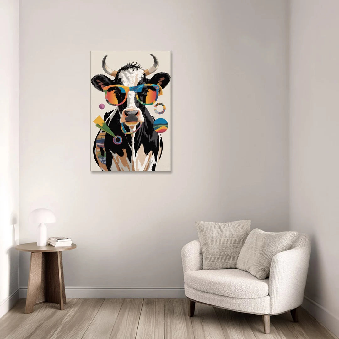 Amusing Cow with Sunglasses - Canvas Wall Art - Sofa - 24x36