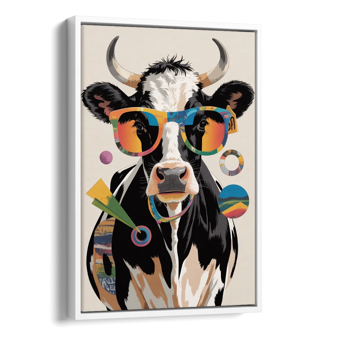 Amusing Cow with Sunglasses Side - White Canvas Wall Art