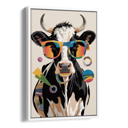 Amusing Cow with Sunglasses Side - White Canvas Wall Art