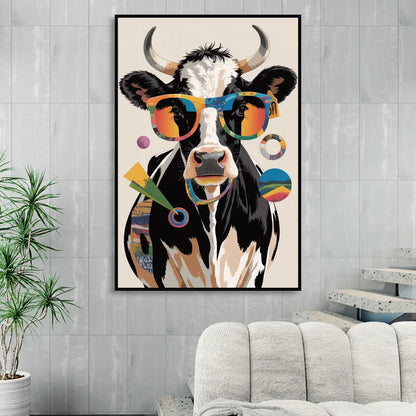 Amusing Cow with Sunglasses Sitting Room - Black Canvas Wall Art