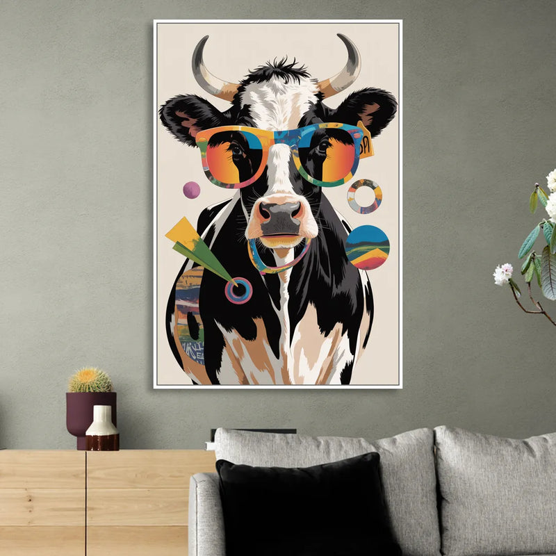 Amusing Cow with Sunglasses Living Room - White Canvas Wall Art