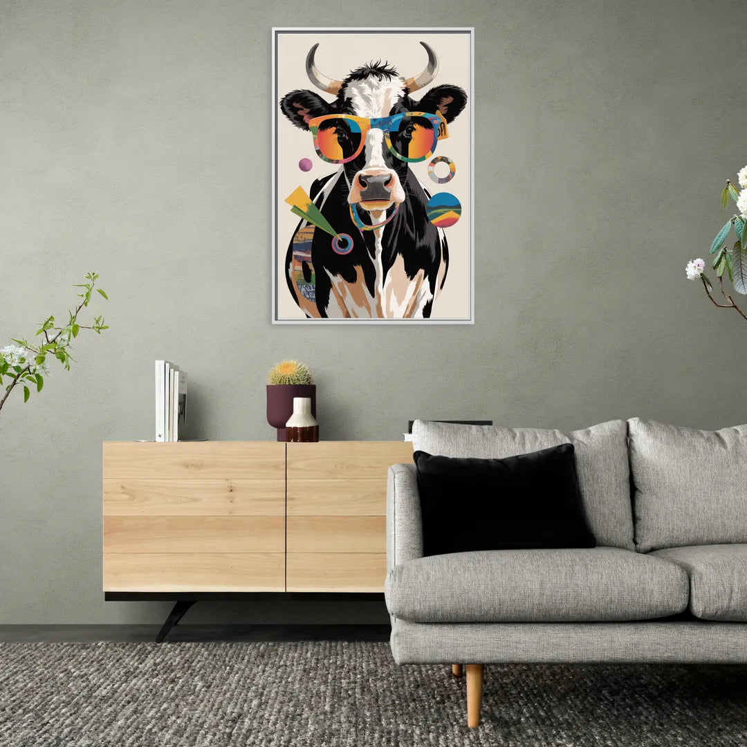 Amusing Cow with Sunglasses - Living Room White Frame Canvas
