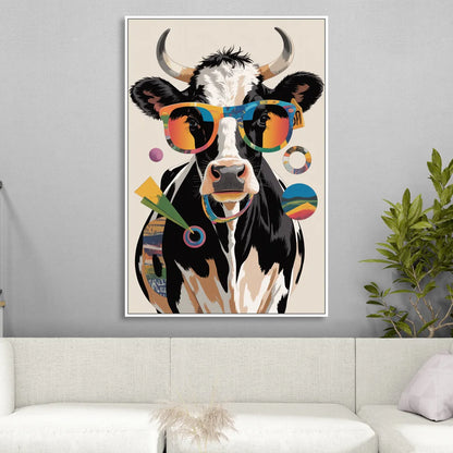 Amusing Cow with Sunglasses Sitting Room - White Canvas Wall Art