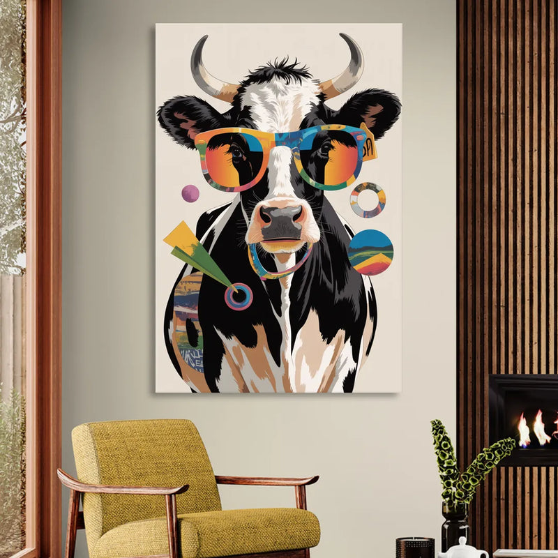 Amusing Cow with Sunglasses Sitting Room - Canvas Wall Art
