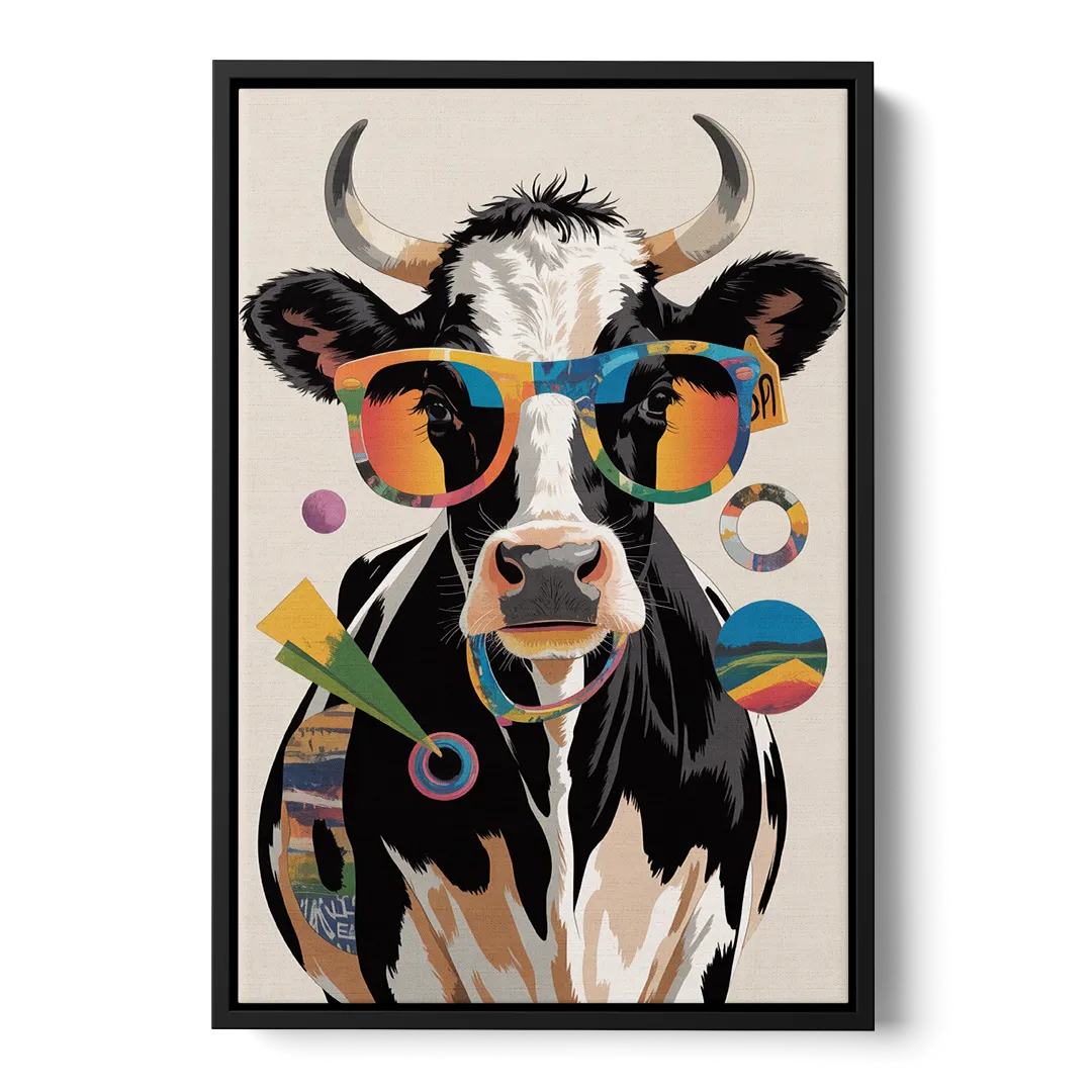 Amusing Cow with Sunglasses - Black Frame Canvas