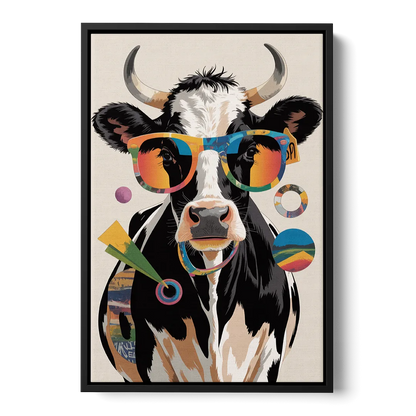 Amusing Cow with Sunglasses - Black Frame Canvas